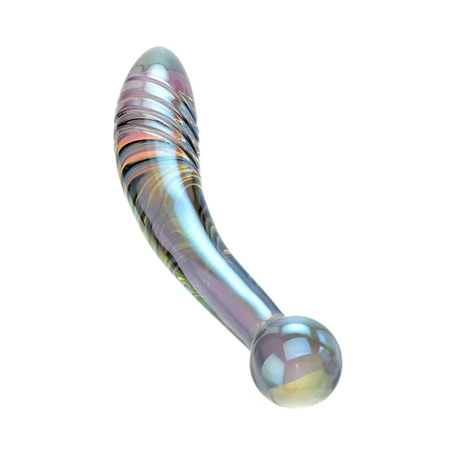 Full view of glass wand with ball handle and curved ribbed tapered end
