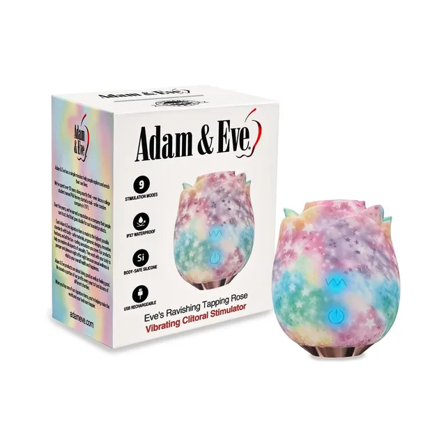 Adam & Eve rainbow Ravishing Rose stimulator beside white retail box