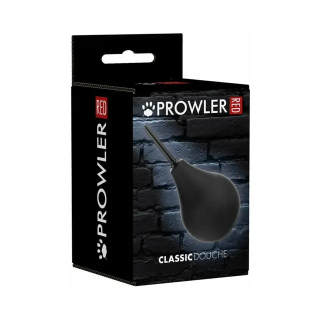 Prowler RED large black bulb douche pictured on black Classic Douche retail box with brick wall background