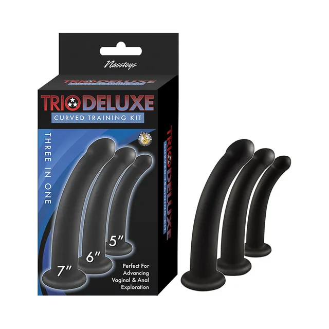 Three black curved Nasstoys Trio Deluxe trainers beside retail box