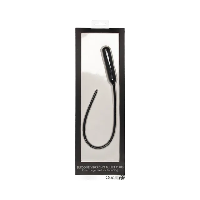 Extra-long black silicone Ouch loop plug in narrow display box