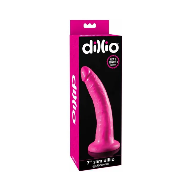 Dillio Slim Pink 7 Inch Suction Dildo pink dildo beside black retail carton