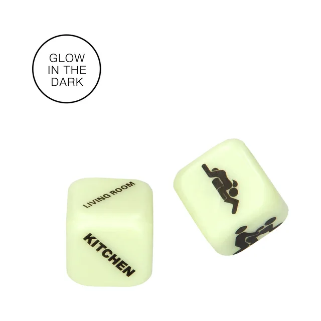 Pale green glow-in-the-dark dice with location and position icons
