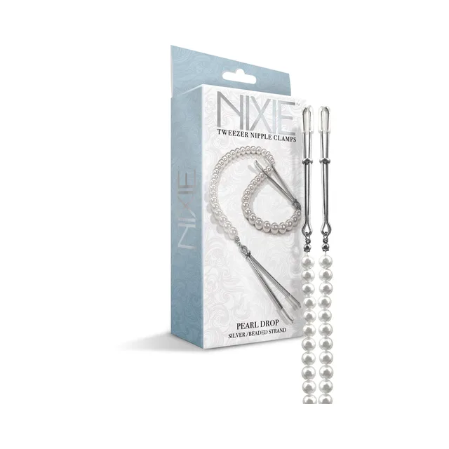 Nixie silver Pearl Drop clamps displayed with blue retail box