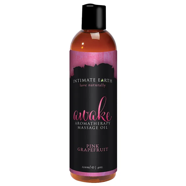 Intimate Earth Awake Massage Oil amber 4 oz bottle with black pink grapefruit label