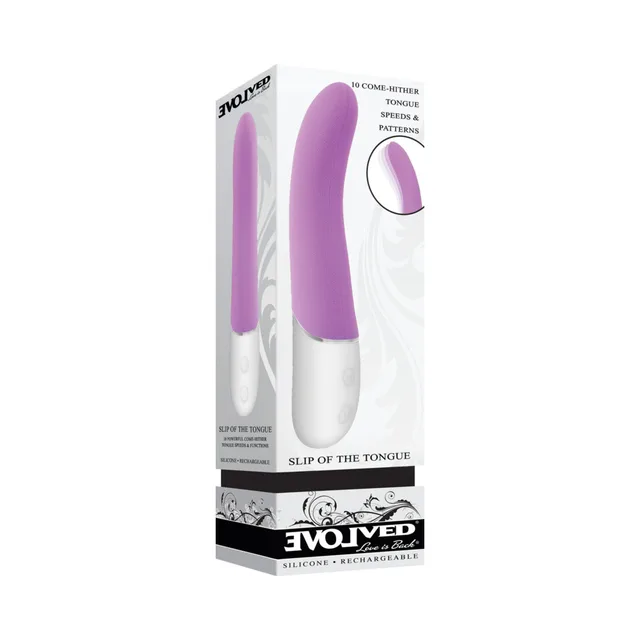 Evolved Slip of the Tongue purple curved vibrator in tall white retail box