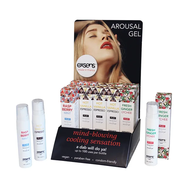 Exsens Arousal Gel display with white pump bottles and boxed varieties