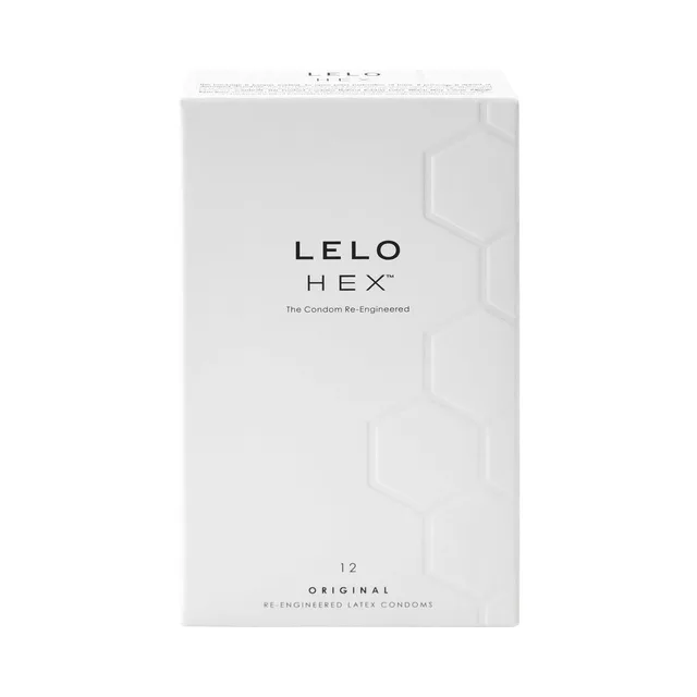 Front view of white LELO HEX Original 12-count carton