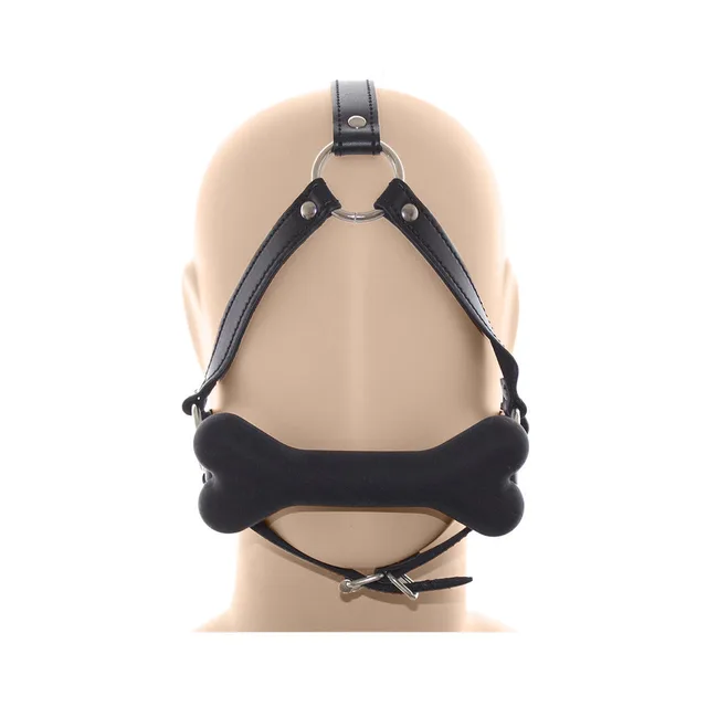 Ple'sur black dog bone gag face harness rear head form view of black bone gag and top straps