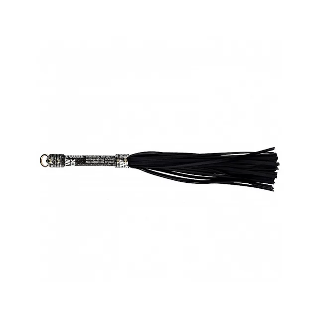 black leather flogger with New York text-print handle and metal ring