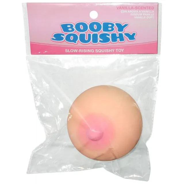 Kheper Games Boobie Squishy in clear bag with round peach shape, pink center and pink header card