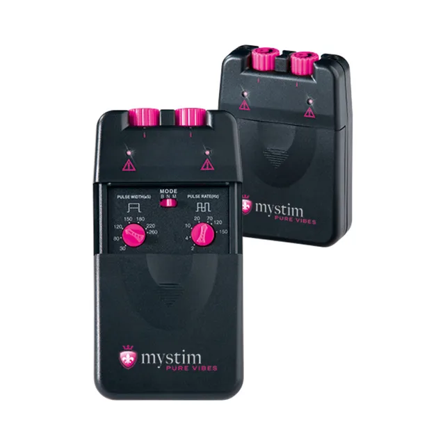 front and rear views of black Pure Vibes controller with pink dials