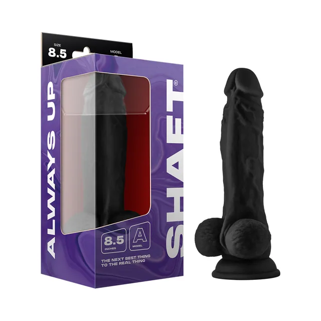 Shaft Model A 8.5-inch black dong beside purple retail box