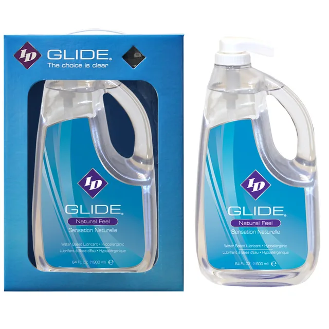 ID Glide 64 oz clear water-based lubricant bottle with white pump