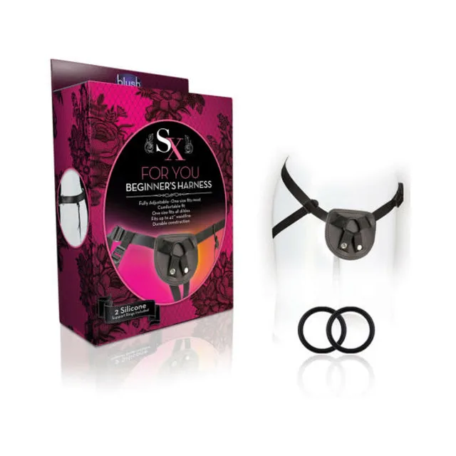 Black SX For You faux leather harness with two rings beside package