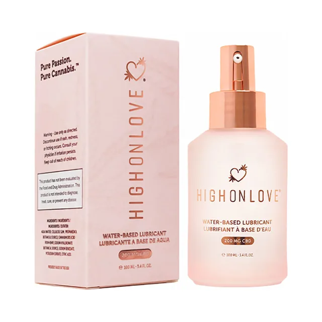 HighOnLove CBD Water-Based Lubricant spray bottle beside pink carton