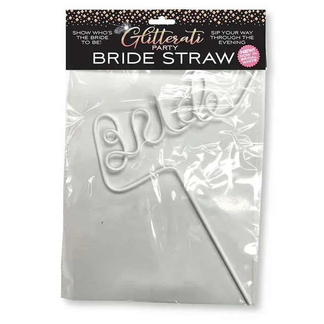 White Glitterati Bride script straw in clear package