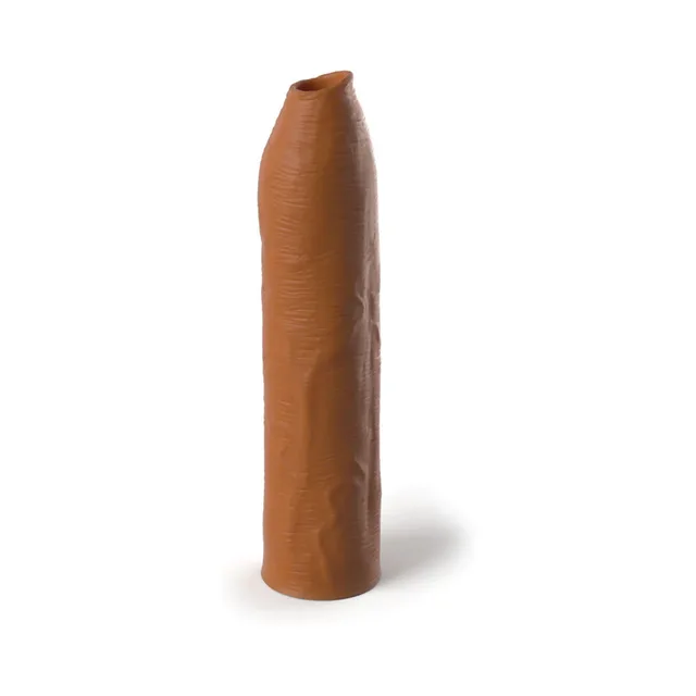 Tan open-ended silicone sleeve with molded shaft texture