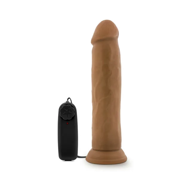 Blush Dr. Throb tan vibrator upright front view beside black wired controller