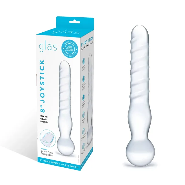 Glas Joystick Clear Glass Dildo turquoise white retail box beside clear glass piece