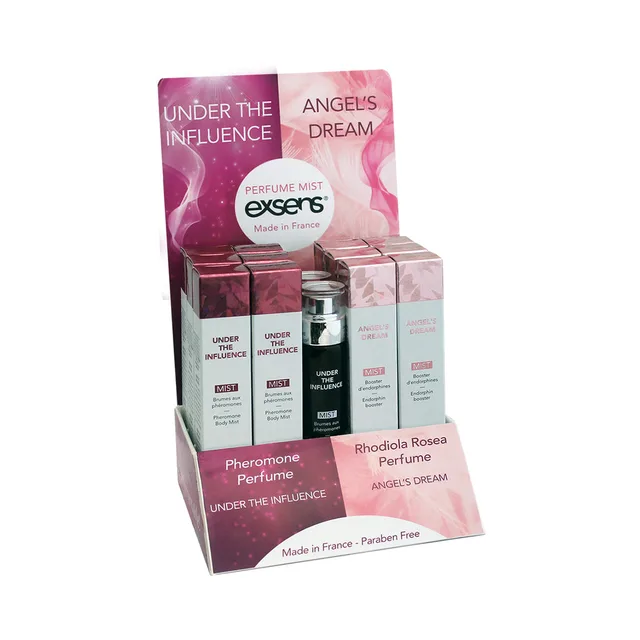 filled Exsens perfume mist countertop display with pink product cartons