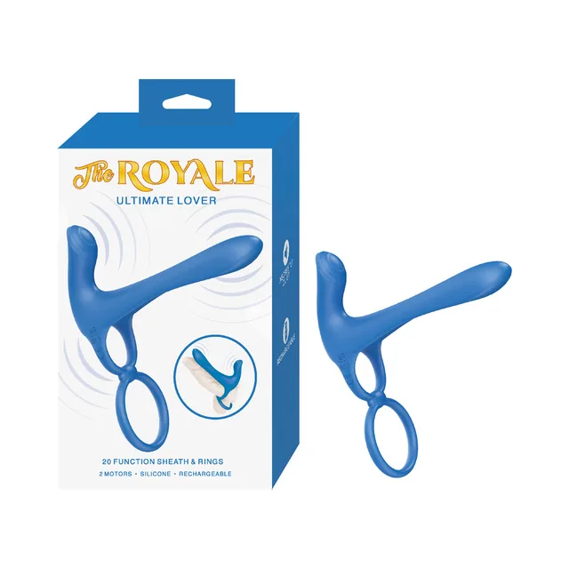 Blue Nasstoys Royale Ultimate Lover enhancer with two loop rings beside box