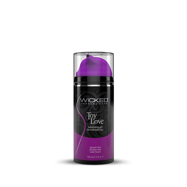 Wicked Toy Love 3.3 oz black pump bottle with purple and white front label