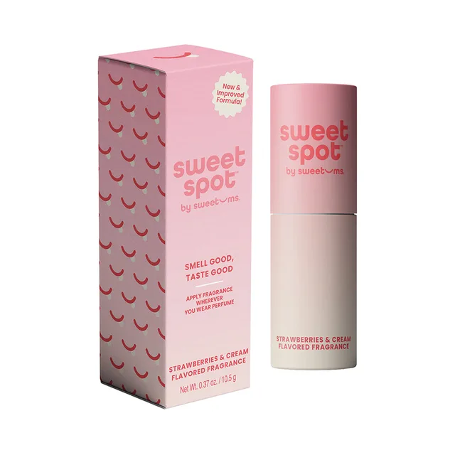 Sweet Spot strawberries-and-cream fragrance stick beside pink patterned box