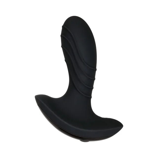 Side view of black Gentleman massager with curved flared base