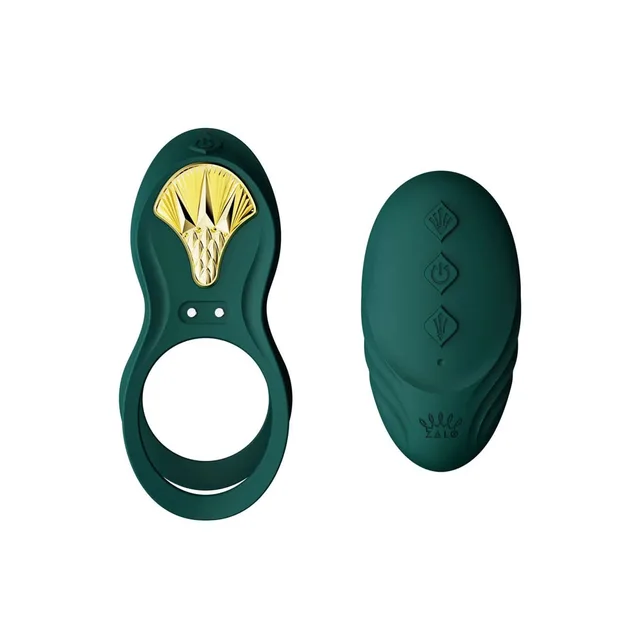 Zalo Legend Bayek Turquoise Green harness ring vibrator set front view of ring body and three-button remote