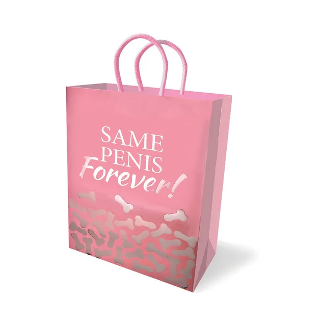 pink Same Penis Forever paper gift bag with cord handles and tonal penis pattern