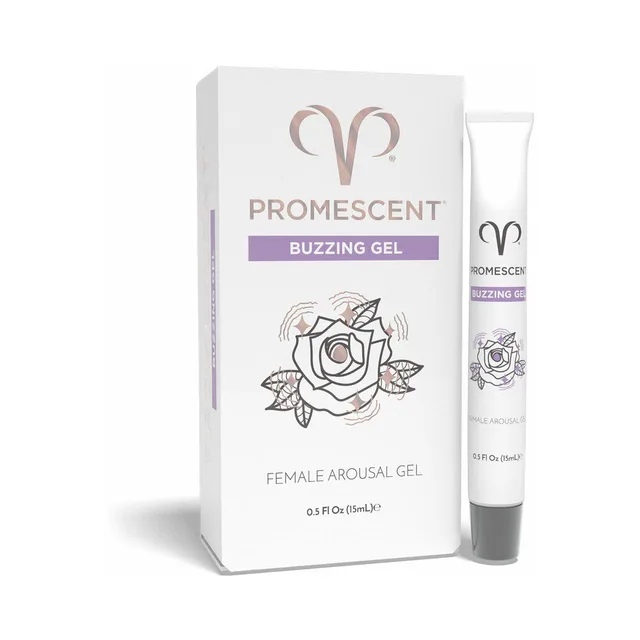 white Promescent Buzzing Gel 0.5 fl oz tube beside rose-design carton