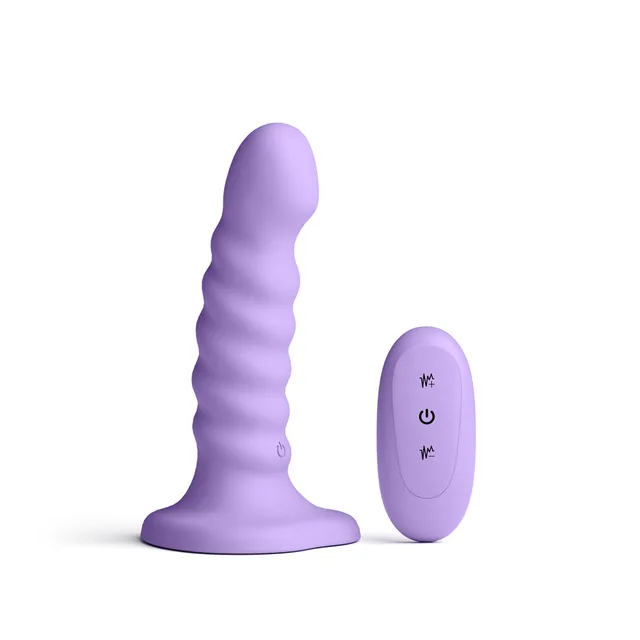 Purple Colours Ribbed Vibrator beside oval three-button controller