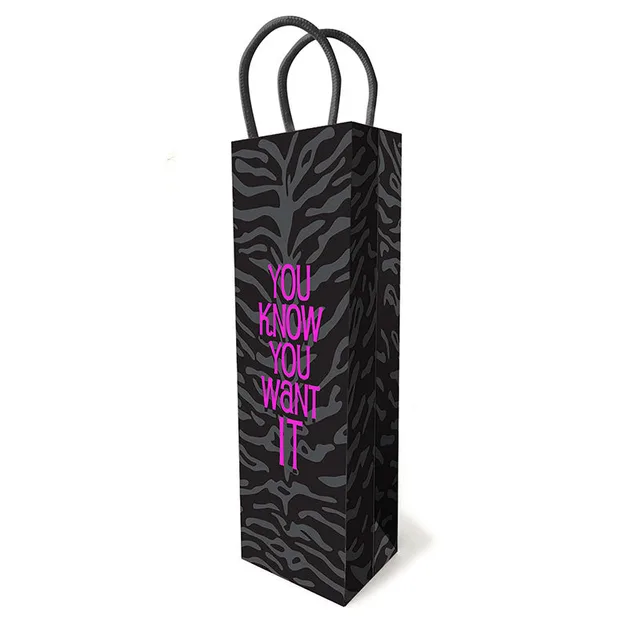 Little Genie black gift bag charcoal zebra pattern, magenta lettering and two loop handles