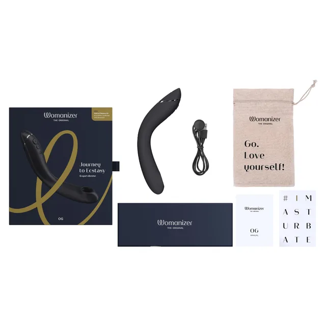 Womanizer OG dark grey device with box cable pouch and cards