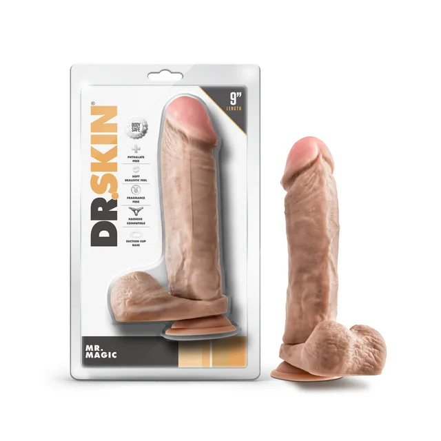 Blush Dr. Skin Mr. Magic beige 9-inch TPE dildo beside front retail package