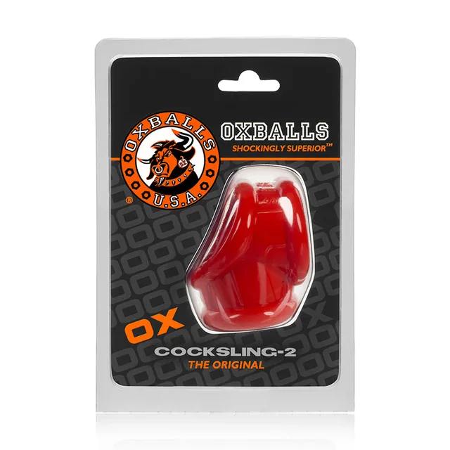 OxBalls Cocksling 2 Red Sling inside black orange hanging package