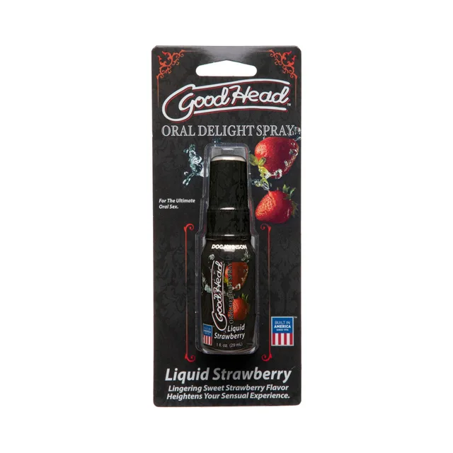 Doc Johnson GoodHead Strawberry Spray black hanging card with one-ounce spray bottle