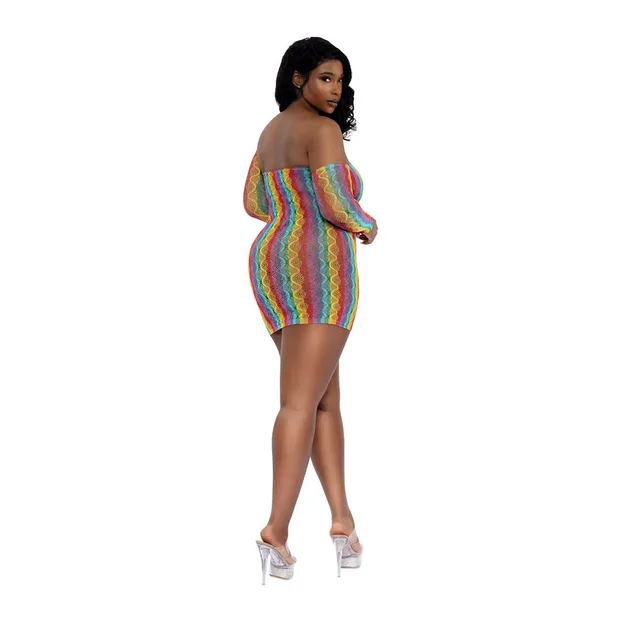 Dreamgirl rainbow mini dress with arm warmers queen size rear full-length model view