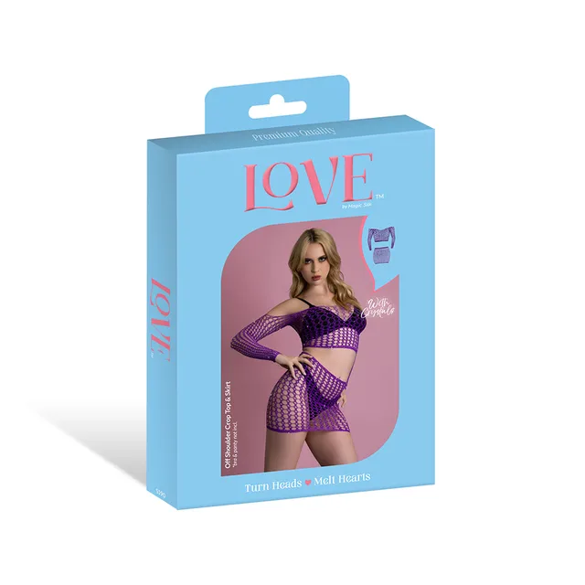 Magic Silk seamless purple crop top and skirt set displayed in blue retail packaging