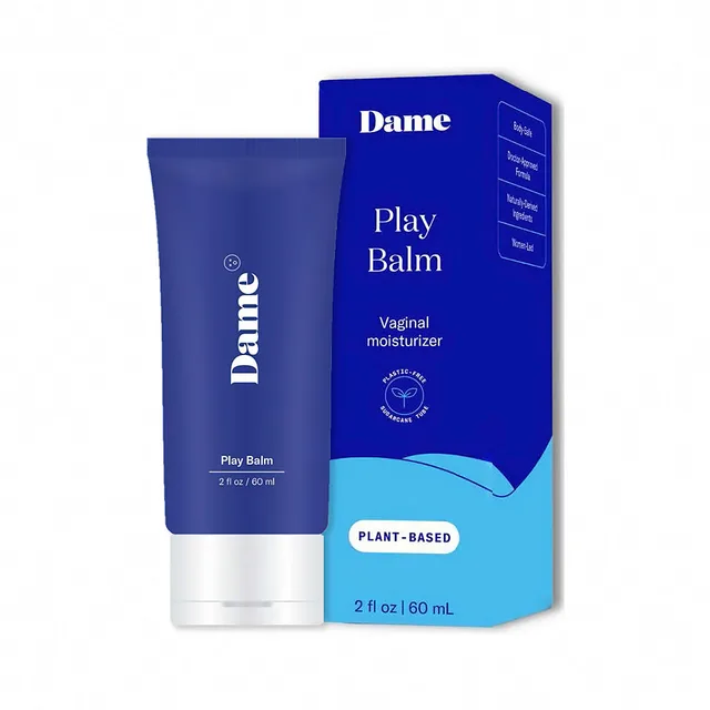 blue Dame Play Balm 2 oz vaginal moisturizer tube beside matching blue carton
