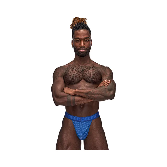 Close front view of royal blue Male Power Sexagon Micro V thong