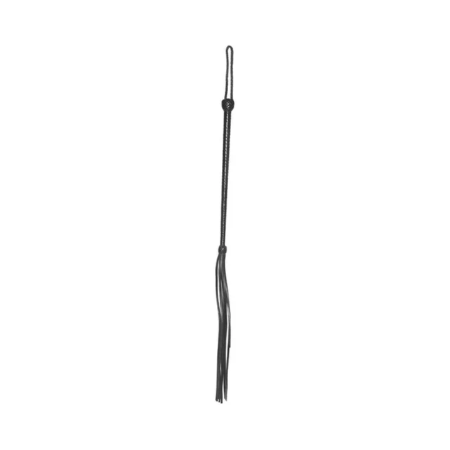 Vertical view of Prowler RED black leather multi-tail whip