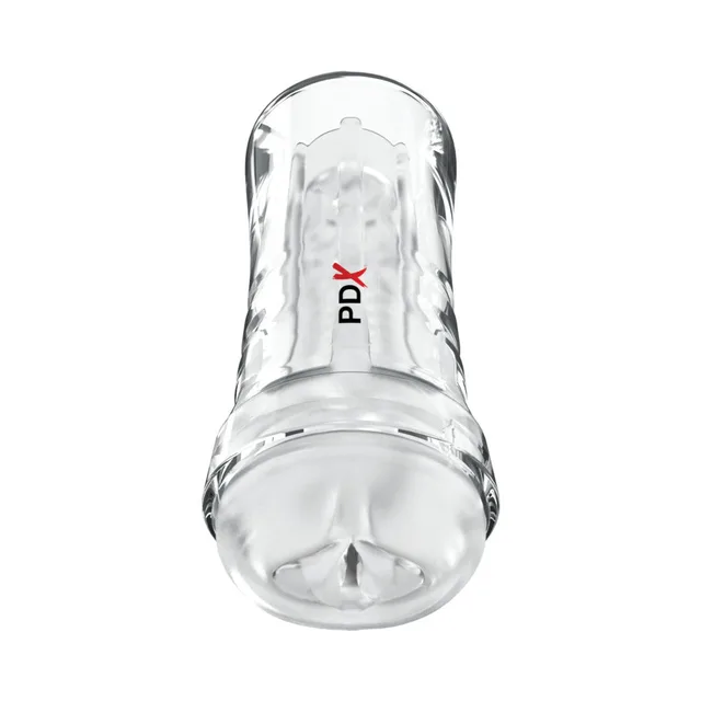 PDX Extreme Luscious Lips clear dual-ended stroker upright view from sculpted end opening