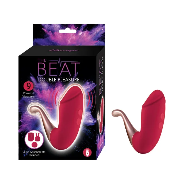 Red Nasstoys The Beat Double Pleasure vibrator beside black box