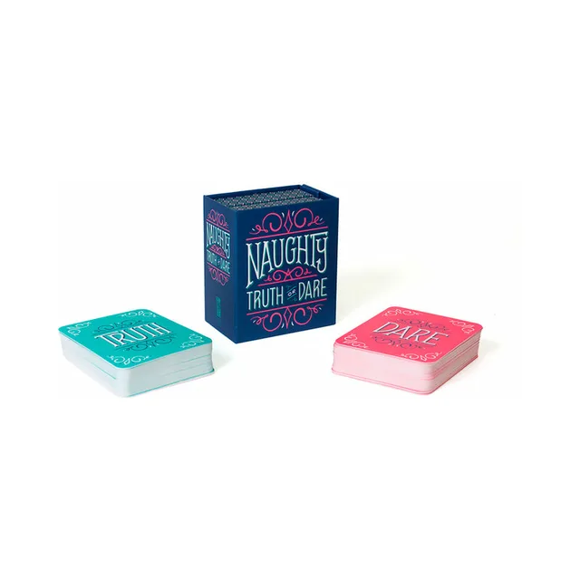 Naughty Truth or Dare dark box beside teal truth and pink dare card stacks