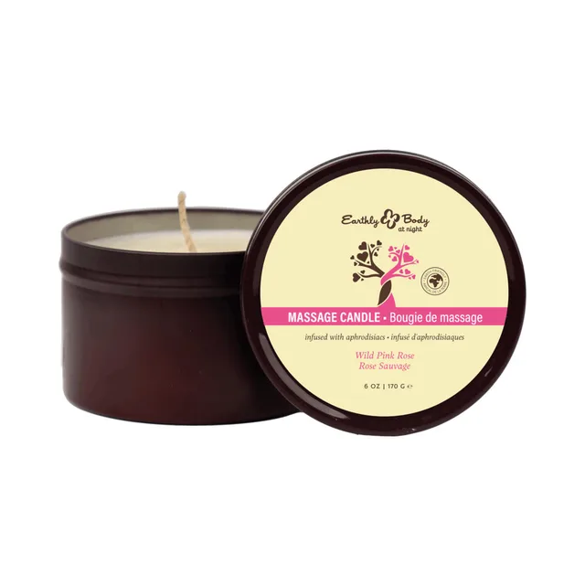 Open Wild Pink Rose candle beside pink-labeled brown tin lid