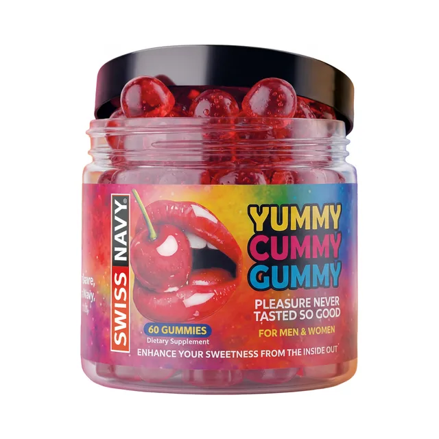 Swiss Navy Yummy Cummy Gummy 60-count clear jar with red gummies and black lid
