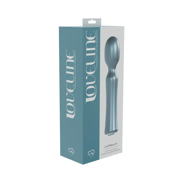 blue LoveLine La Perla IV oval-head silicone wand pictured on teal box