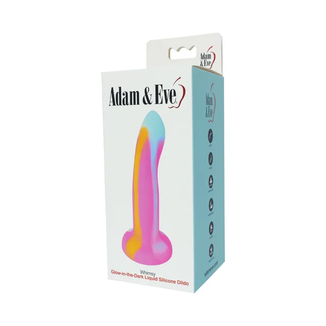 Adam and Eve Whimsy liquid silicone dildo displayed in white retail packaging